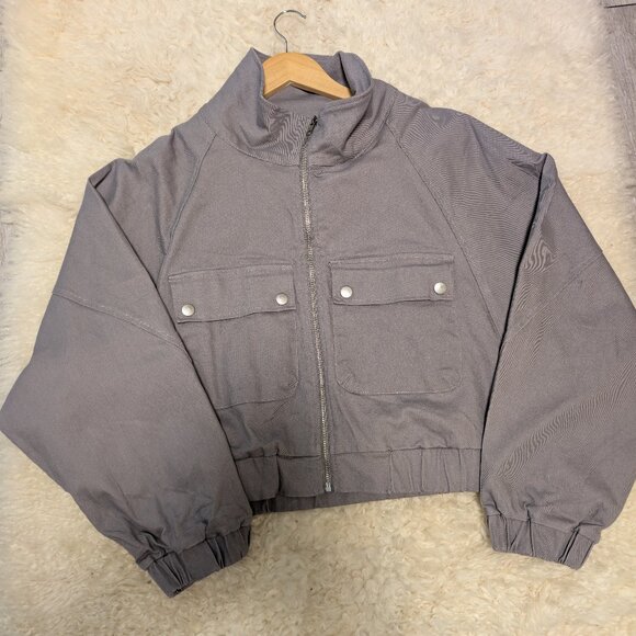 Lulus Grey/Lilac Cropped Utility Bomber Military Style Jacket | Women’s Medium - Picture 7 of 11